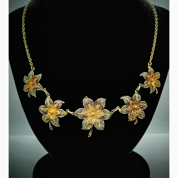 Vintage 1940's Topazio Sterling Silver Filigree Gilt Floral Necklace - Picture 1 of 9